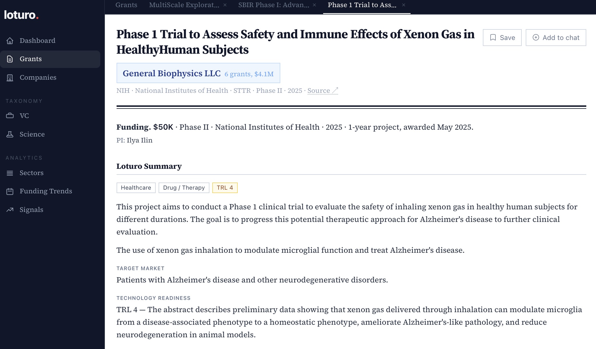 Enriched grant — Loturo Summary with taxonomy tags, TRL score, and AI analysis